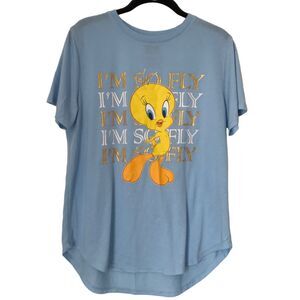 Looney Toons Womens Top Juniors Size 15-17 Blue Tweety Bird I'm So Fly T-Shirt